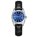 Quartz watch with blue dial, silver fluted bezel and black leather strap for couples - Black Strap Silver Case Blue Dial Women's