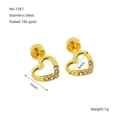 18K gold plated stainless steel hollow heart stud earrings with sparkling crystals - White