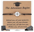 Adjustable black cord graduation bracelet with compass charm on kraft gift card - Silver Compass + The Adventure Begins Card (1)