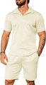 Herren Freizeit-Set aus Polohemd und Shorts in Beige mit geometrischer Textur - Khaki