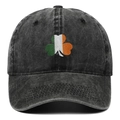Close-up of vintage washed cotton baseball cap with Irish clover embroidery detail - Black