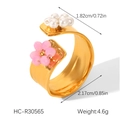 Detailed view of adjustable gold flower ring with pearl accents and exact dimensions - Beaded Inlaid Floral Style (HC-R30565)