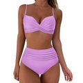 Detail of purple high-waisted bikini with crisscross neck and ruched texture - S / Light Purple