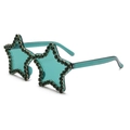 Detail of teal star-shaped sunglasses with rhinestone-encrusted edges and tinted lenses - C14-Teal