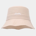 Close-up of beige waterproof bucket hat with white Seattle embroidery detail - One Size / Khaki