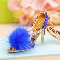 Sparkling blue rhinestone high heel keychain with a fluffy pom-pom and gold metal ring - Royal Blue Plush High Heels