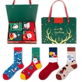 Green Christmas gift box set with 4 pairs of cotton socks featuring Santa and reindeer - One Size / Christmas Mixed Patterns 4(217+209+281+212)
