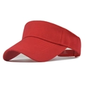 Detail of red polyester sun visor hat with wide brim stitching and adjustable strap - Head Circumference 55-60cm / Red