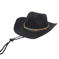 Ethnic bohemian black straw cowboy hat with turquoise beads and adjustable chin strap - Crushed Stone Decor Style / Black