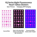Luminous pink heart temporary tattoo stickers showing normal, glow, and UV light effects - YQ-015 / 6x10.5cm