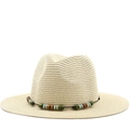 Beaded Panama straw hat for men featuring a flat brim and natural weave for beach sun protection - Beige