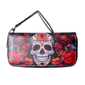 Cartera larga negra con calavera colorida del Día de los Muertos, flores y correa de mano - Calavera con Rosa Pintura al Óleo Negro