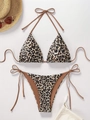Sexy leopard print bikini set with brown ties and matching summer beach accessories - Black Brown Leopard