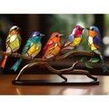 Stained glass art birds on branch decor with five colorful birds on wooden base - 5 Birds Ornament / Acrylic