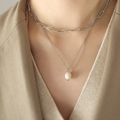 Chic silver layered necklace with paperclip chain and freshwater pearl pendant for women - Silver