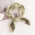 Beige and green floral silk-like square scarf tied in a bow with nature-inspired prints - 65*65cm / Tender Green Landscape