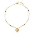 Handmade beaded necklace with picture stone, shell pendant, and golden chain extension - Picture Stone Cross Pendant Style