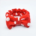 Red and white polka dot coral fleece headband with bow for face washing and skincare - Red White Polka Dot