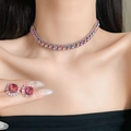 Detail view of vintage luxury necklace and earrings set with gradient pink gems on model - Pink Blue Green Gradient 2-Piece Set (10#)
