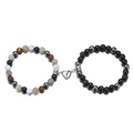 Couples beaded bracelets with multicolor natural stone, black beads and magnetic heart - Multicolor Grey Purple White