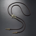Retro wolf head bolo tie with antique bronze metal slide and brown braided leather cord - Dark Coffee Wolf Head