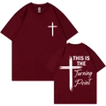 Burgundy crewneck cotton T-shirt featuring white cross print on front and back sides - Burgundy