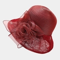 Detailed close-up of wine red organza flower and lace mesh on the elegant sun hat - Burgundy
