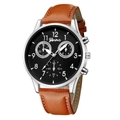 Geneva men's business watch with black dial and brown textured leather strap - Silver Case Silver Hands Black Dial Brown Strap