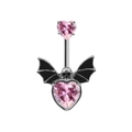 Pink heart crystal belly ring with black wings and silver skull gothic body jewelry - Silver - Pink Heart Bat Skull