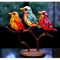 Three colorful stained glass birds on a metal branch stand for home decoration - 3 Birds Ornament (Double Branch) / Metal