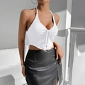 Women's sexy white halter ribbed crop top paired with a black leather slit skirt - S / White