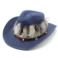 Blue woven straw cowboy hat with natural feathers and ethnic decorative beads - Navy Blue