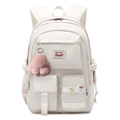 Cream white school backpack with cute plush rabbit charm and multi-pocket design - With Pink Rabbit Charm / Milky White