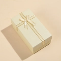 Macro view of rectangular champagne gift box with luxury gold-edged ribbon bow decoration - 14x8x6cm / White