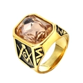 Gold-plated stainless steel Freemason ring featuring a large champagne gemstone inlay - US 7 / Gold Black With Champagne Stone