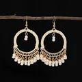 Bohemian large hoop earrings with off-white cotton weaving and white beaded tassels - Round Hollow White Seed Bead (S3830)