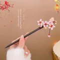 Classic wooden hair stick featuring pink floral petals and red beads for bun hairstyles - 151# Pink Flower Pendant Hairpin (Bagged)