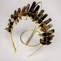 Detail of golden leaf crown with dark crystals and fine wire wrapping on base - Smoky Quartz Gold Wire Gold Leaves