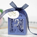 Dusty blue laser cut wedding candy box with groom and bride silhouette and ribbon - Sapphire Blue