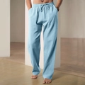 Pantaloni da uomo in lino celeste a gamba larga con coulisse elastica in vita - Azzurro