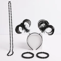 Detail view of 4-piece Independence Day party set with black beaded necklace and headband - 4-Piece Set / Black Wig+Necklace+Bracelet