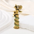 Vintage gold cherub angel brooch with green rhinestones playing lyre on pillar - Angel with Lyre (YNCP6996) / Antique Copper Gold