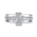 Three-piece stacked silver rings featuring a sparkling clover design and rope texture - Clover Stacking / Platinum Color-J152 Set