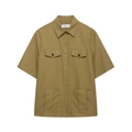 Detail of khaki short-sleeve cargo shirt with four flap pockets and button-front design - Shirt