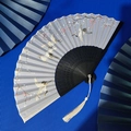Classical folding fan with crane and plum blossom pattern on grey-white surface - Grey White Crane Plum