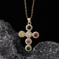Cross pendant necklace with colorful zircons and micro-pave diamonds on golden chain - Gold Six-color Stone Pavé (款式5)