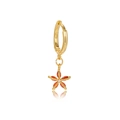 Detail showing an 18K gold flower earring with red-orange petals and white zircon - Orange Red Flower Style (EH00437)