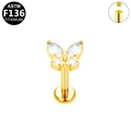 Golden titanium butterfly labret stud with internal thread and sparkling cubic zirconia - Butterfly - Gold