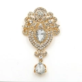 Baroque style gold brooch with white rhinestones and clear teardrop crystal pendants - Gold Vintage Pear Rhinestone