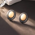 Vintage style oval stud earrings with pink gemstone and dark crystal border in retro finish - R-0305 Pink Oval Stud Earrings / Gunmetal